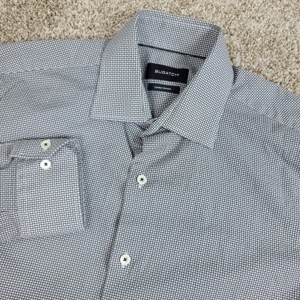 Bugatchi Comfort Stretch Mens 15.5-34/35 Black White AOP Geometric Button Up LS
